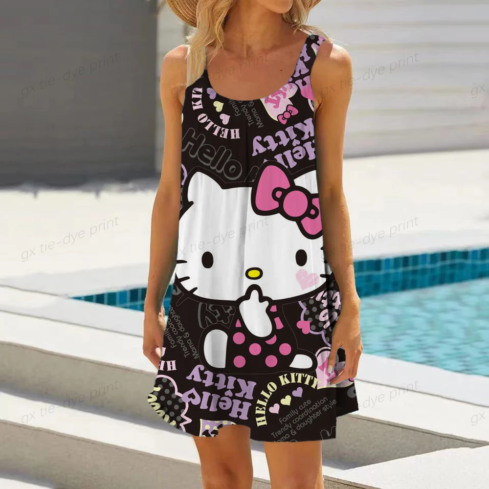 

Plus Size Women Hello Kitty Print Dress Summet Sexy Sleeveless O-neck Tank Robe Maxi Dress Boho Beach Holiday Sundress Vestidos