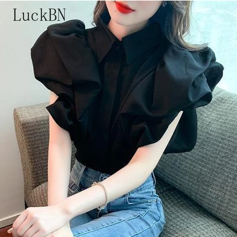 

Blouses Fashion Lapel Solid Color Puff Sleeve Oversized Shirt Summer New Casual Tops Loose Chic Women's Clothing Commute Blouse