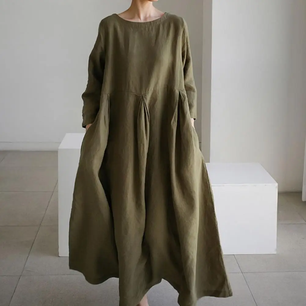 

Women Casual O-neck Long Sleeve Side Pockets Pleated Large Hem Dress Summer Solid Color Loose Dresses for women 2022 Vestidos