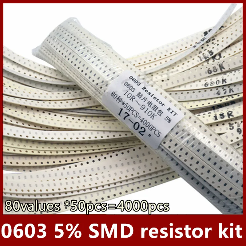 0603 5% SMD resistor kit  80 values *50 pcs=4000pcs  10R~910K ohm Assortment Set 10R 100R 10K 100K 470K