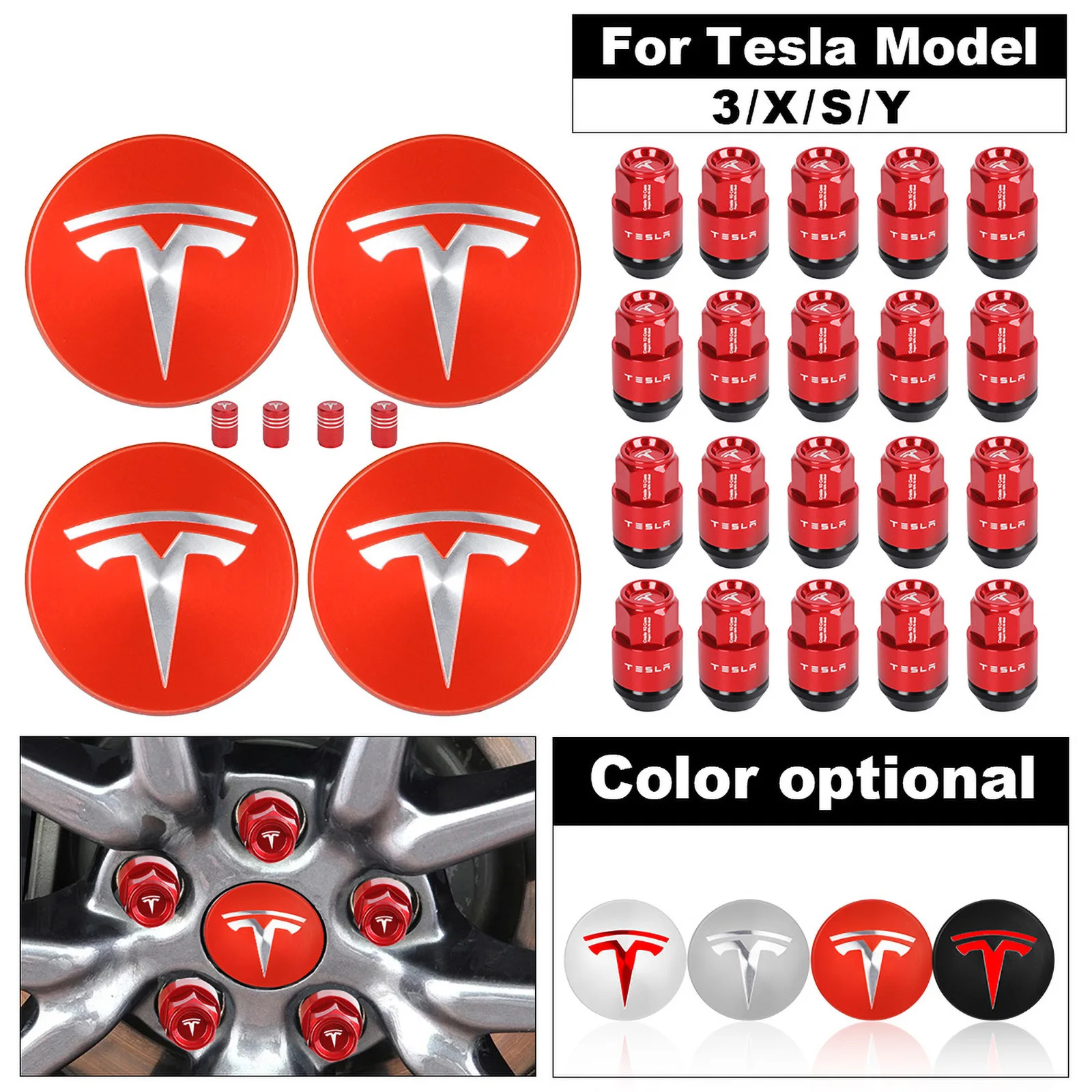 

2022 New Aluminum Wheel Lug Nuts Kit Center Cap With Tire Valve Caps for Tesla Model 3 Model Y S X Tire Hub Car Styling