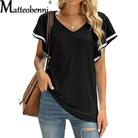 2022 summer casual ruffles short sleeve women t shirts solid color street tops female v neck loose t shirt pullover