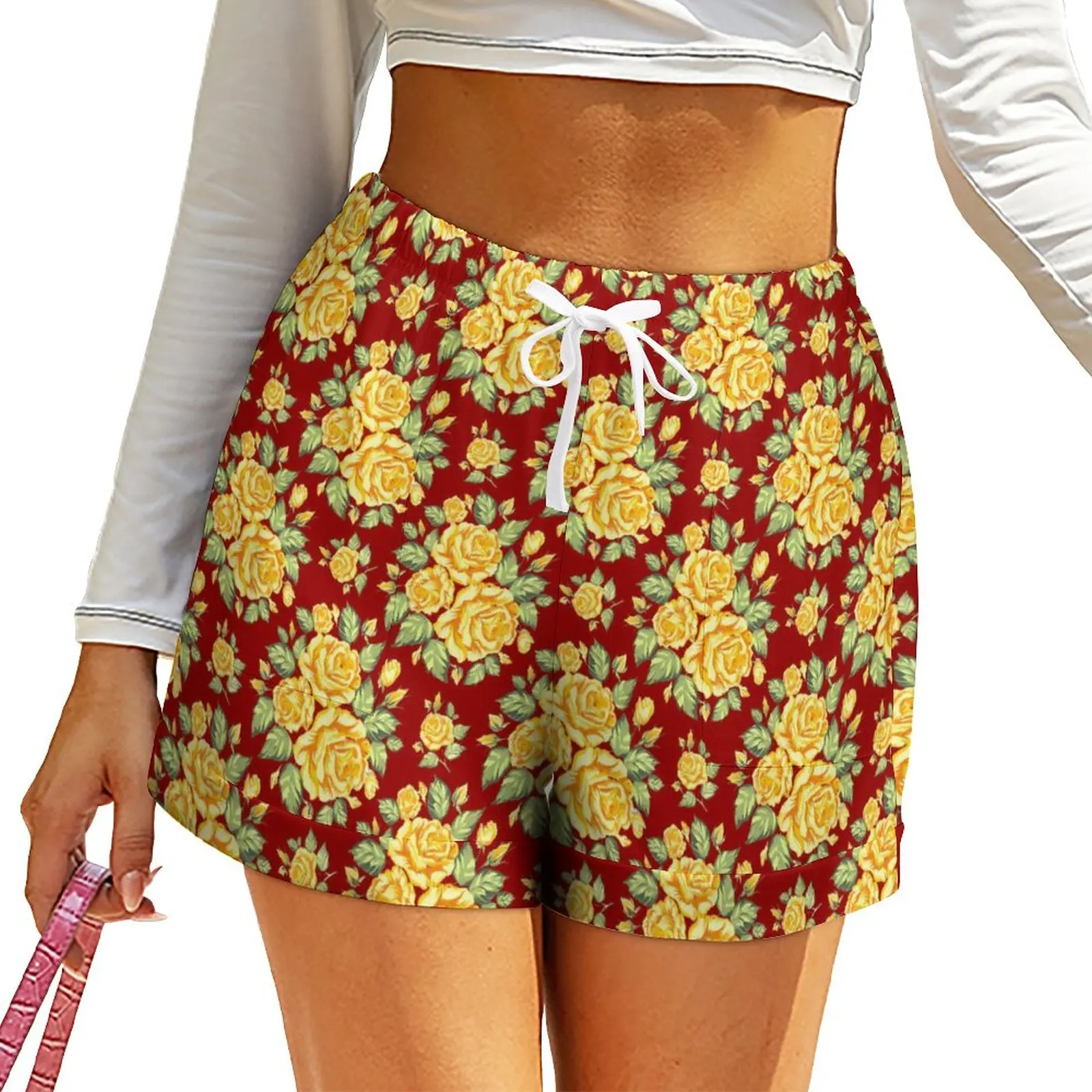

Шорты женские в стиле ретро с цветами розы, повседневные короткие штаны с завышенной талией, в стиле оверсайз, пикантные брюки