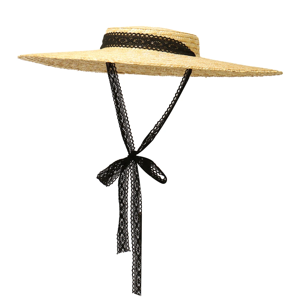 2022 Vintage Large Brim Straw Hat for Women Flat Top Summer Beach Cap Shallow Crown Boater Sun Hats Ribbon Tie Wicker Hat