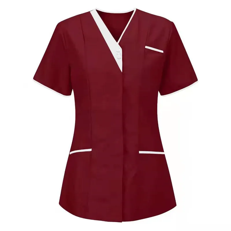 

Solid Nurse Uniform Women Healthcare Pocket Scrub Tops Short Sleeve V-Neck Blouse Beauty Salon Overalls Dental Clinic Tunic