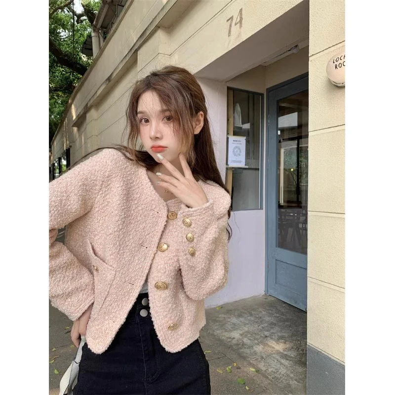 

2024 Korean Dongdaemun French Style Graceful Short Early Autumn New Elegant Long Sleeve Small Tweed Coat for Women Luxury