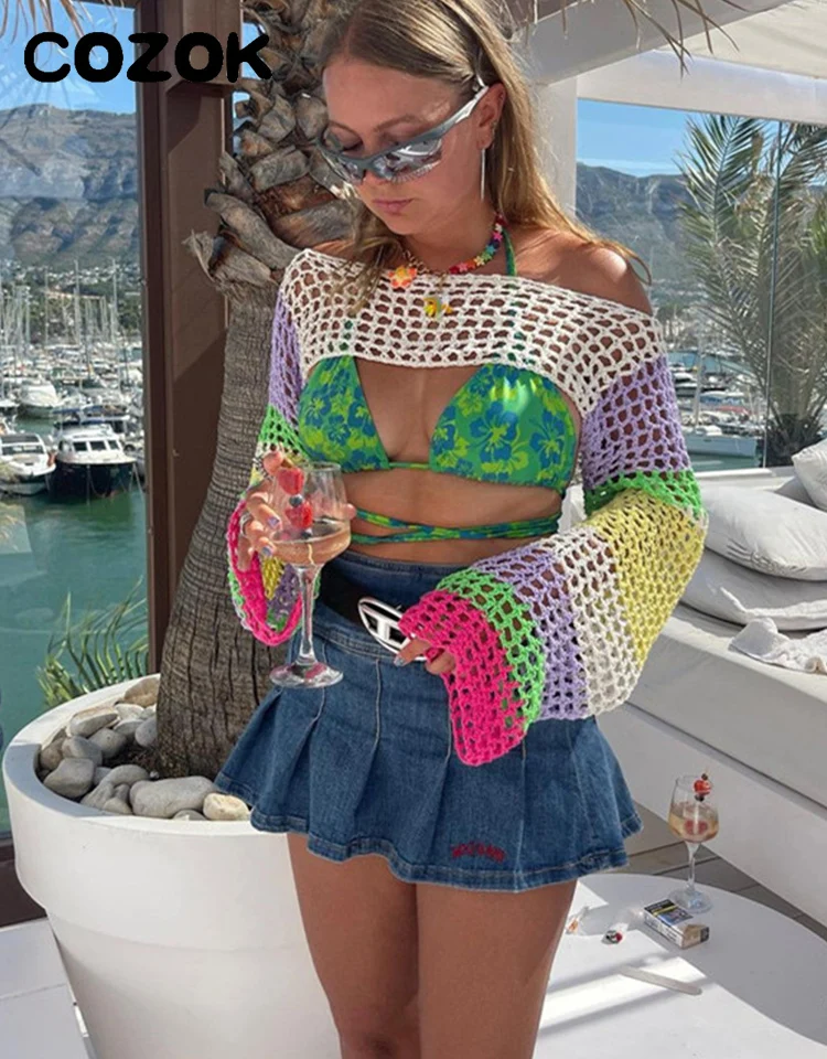 

Cozok Y2K свободный трикотажный женский топ разных цветов с длинным рукавом 2023 летние рубашки Fairycore Grunge