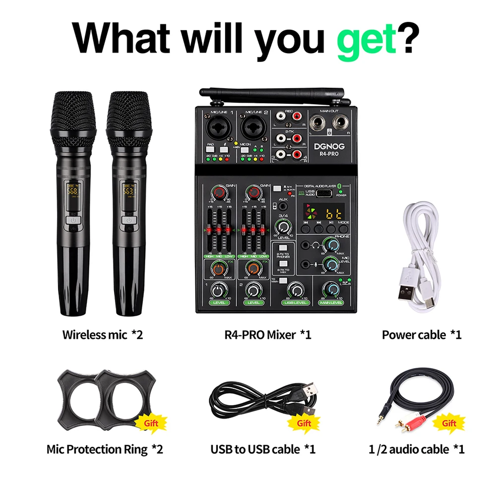 4 Channel USB Audio Mixer with Wireless Microphone Studio Sound Mixers with Bluetooth REC DJ Console Mixing for Karaoke