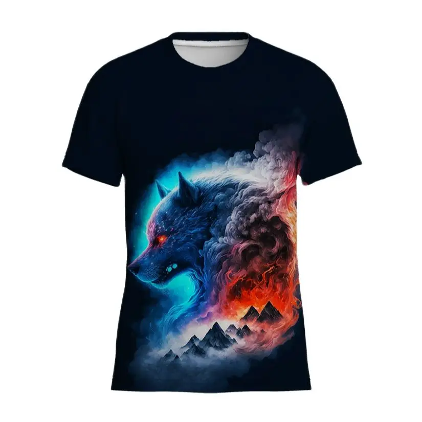 

Refreshing Summer Men's Short Sleeve Animal Series Wolf 3D Print Round Neck Large Sport Casual Loose Quick Drying Material Top