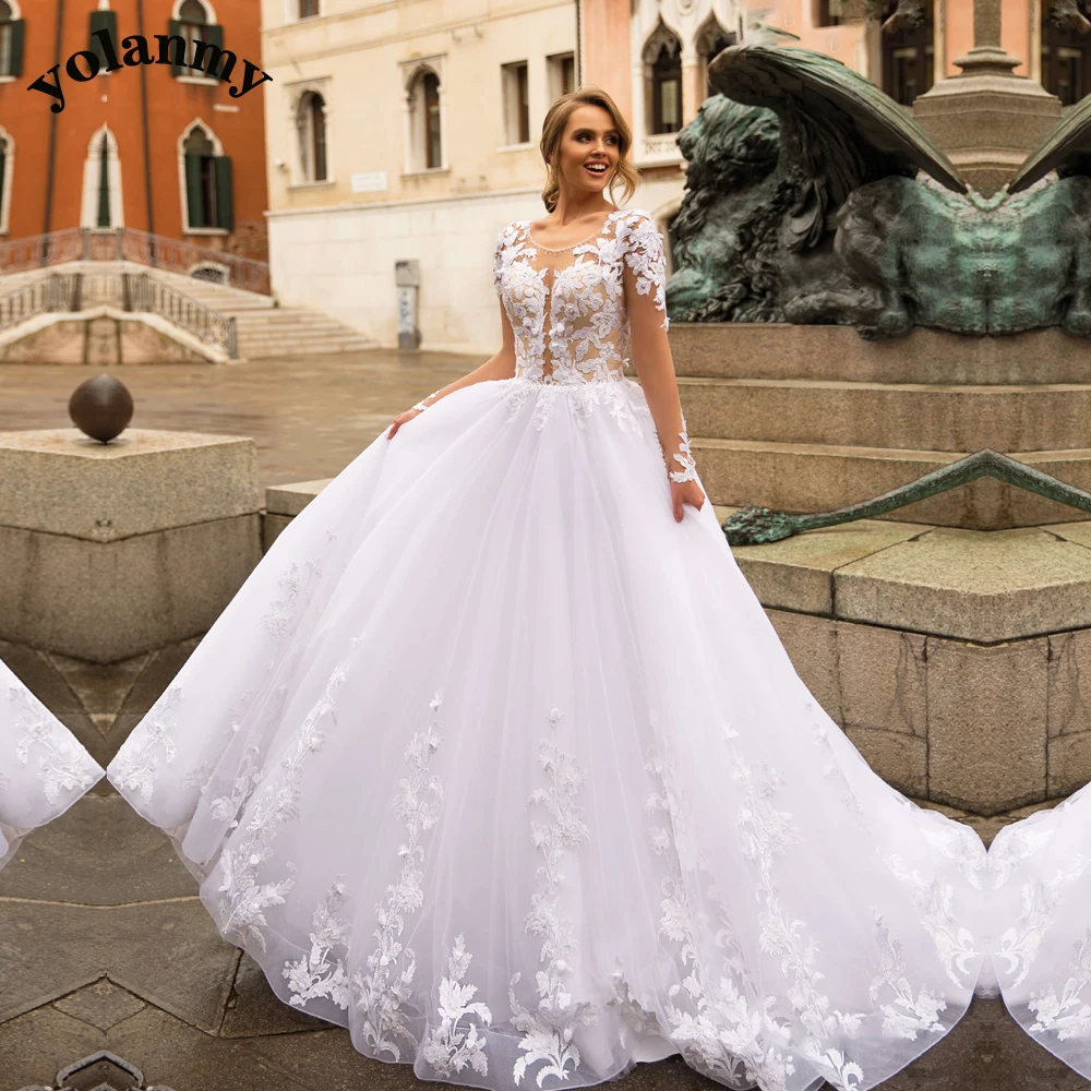 

YOLANMY Aline SCOOP Beading Backless Appliques Ruched Glamorous Wedding Dresses For Mariages Fairytale FullSleeve Made To Order