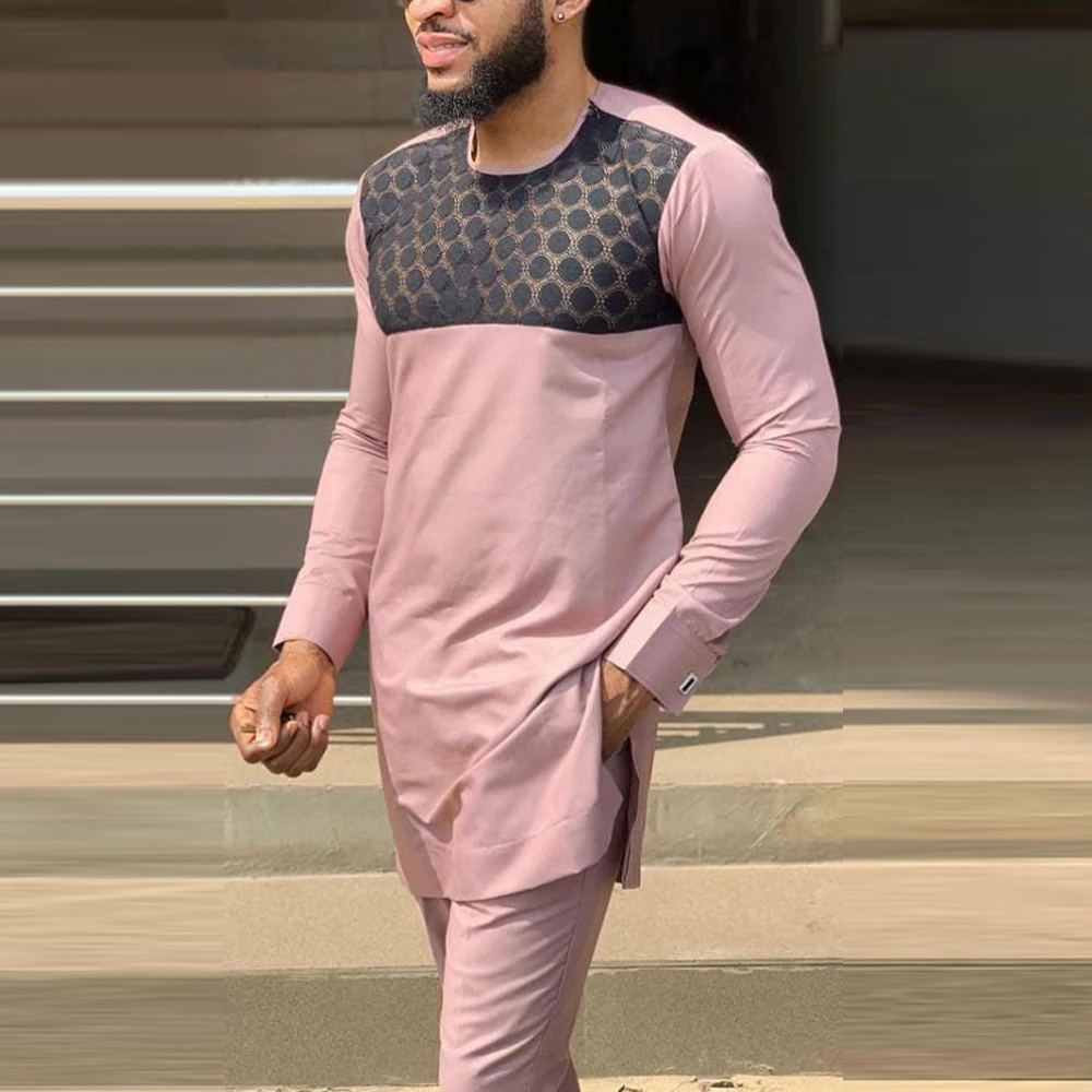 Kaftan Men Suit Set Lace Long-sleeved Top Trousers African Ethnic Style Dress Wedding 2pcs Sets Luxury Man Clothing Costumes