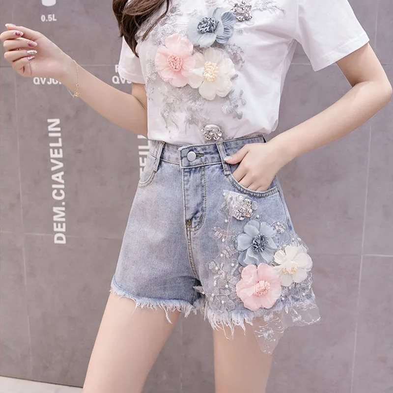 Fashion Popularity Lace Diamonds High Waist Button Denim Shorts 2023 New Women's Clothing Free Shipping Streetwear Chic Jeans