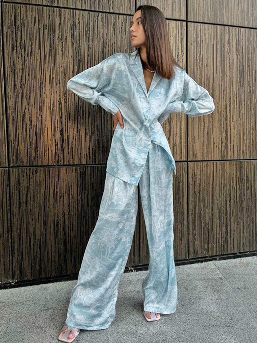 

Floral Graphic Blouse Suit Women V Neck Long Sleeve Lace Up Blouses Top With Casual Long Trouser Outfit Lady Vintage 2 Piece Set