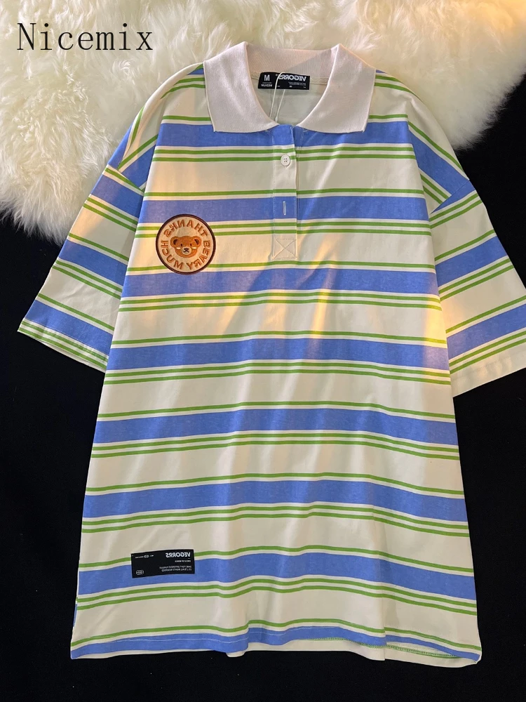 

Nicemix Япония нишевая полосатая футболка с отложным воротником с короткими рукавами женская трендовая летняя футболка-поло большого размера ...