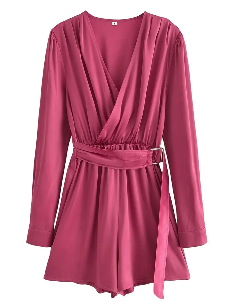 PAILETE Women 2023 fashion with belt pleated satin playsuits vintage long sleeve elastic waist female jumpsuits mujer