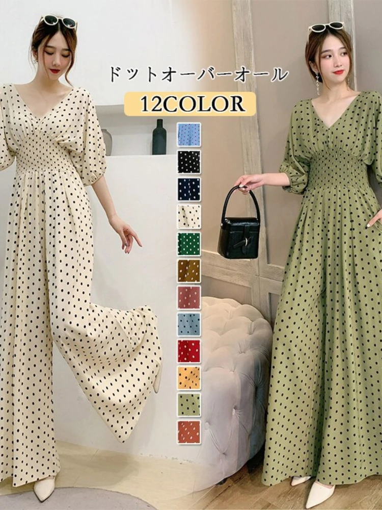 

Женский Облегающий комбинезон в горошек, элегантный повседневный модный офисный пуловер с длинным рукавом, свободный шифоновый комбинезон с широкими штанинами, новинка на лето