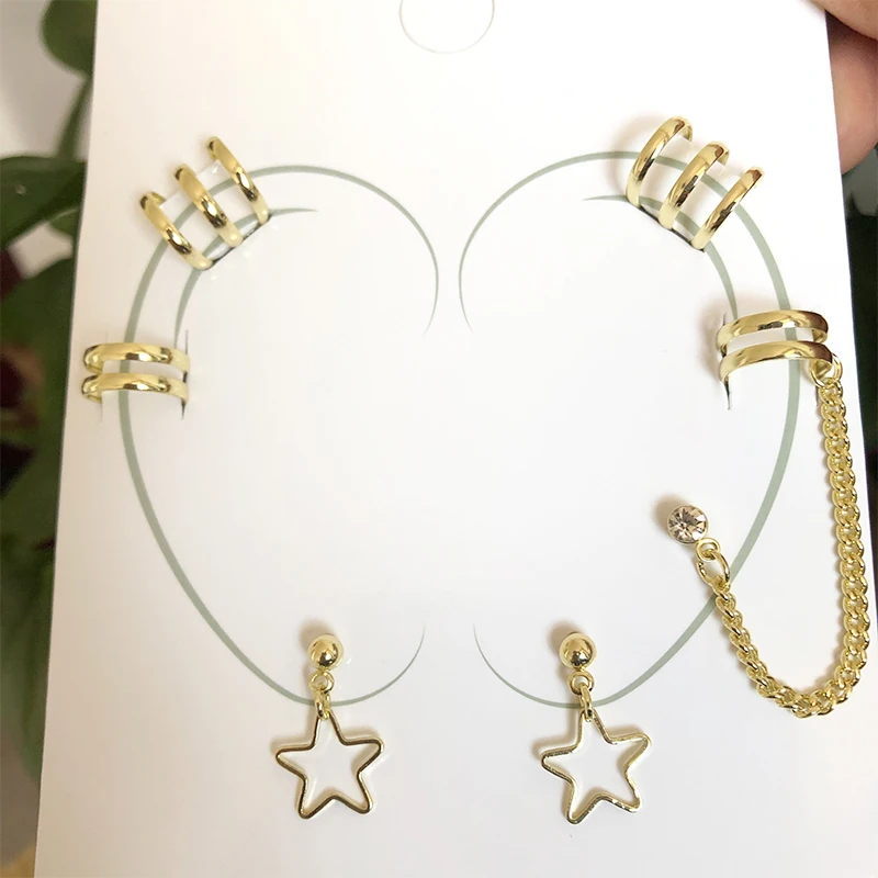 

Silver Gold Stars Ear Clip Cuff Wrap Earrings No Piercing-Clip On Cartilage Earrings for Women Girls Earrings Jewelry