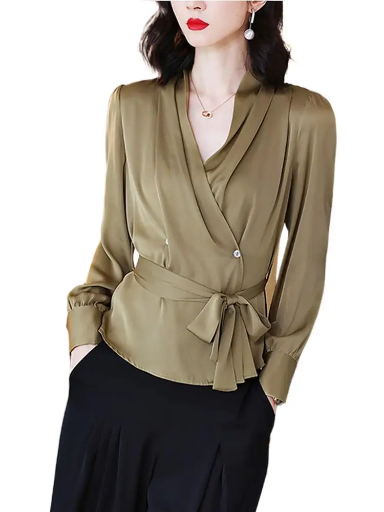 

Spring and Autumn Satin V-neck Pleated Waist Lace up Long Sleeve Top 2023 New Chiffon Blouses Elegant Formal Shirt Plus Size