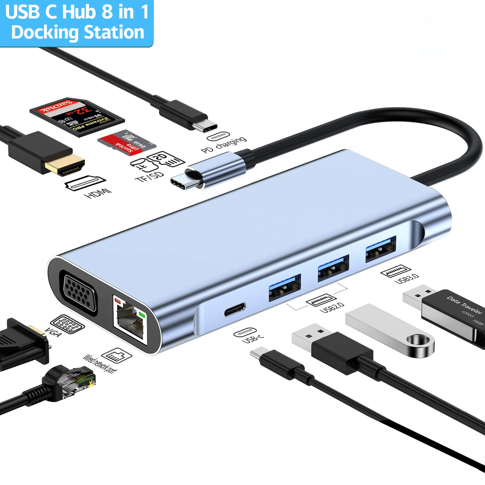 

10 In 1 USB C Hub Docking Station with 4K HDMI VGA USB Thunderbolt 3 Gigabit Ethernet Audio SD/TF for PC Macbook Air M1 iPad Pro