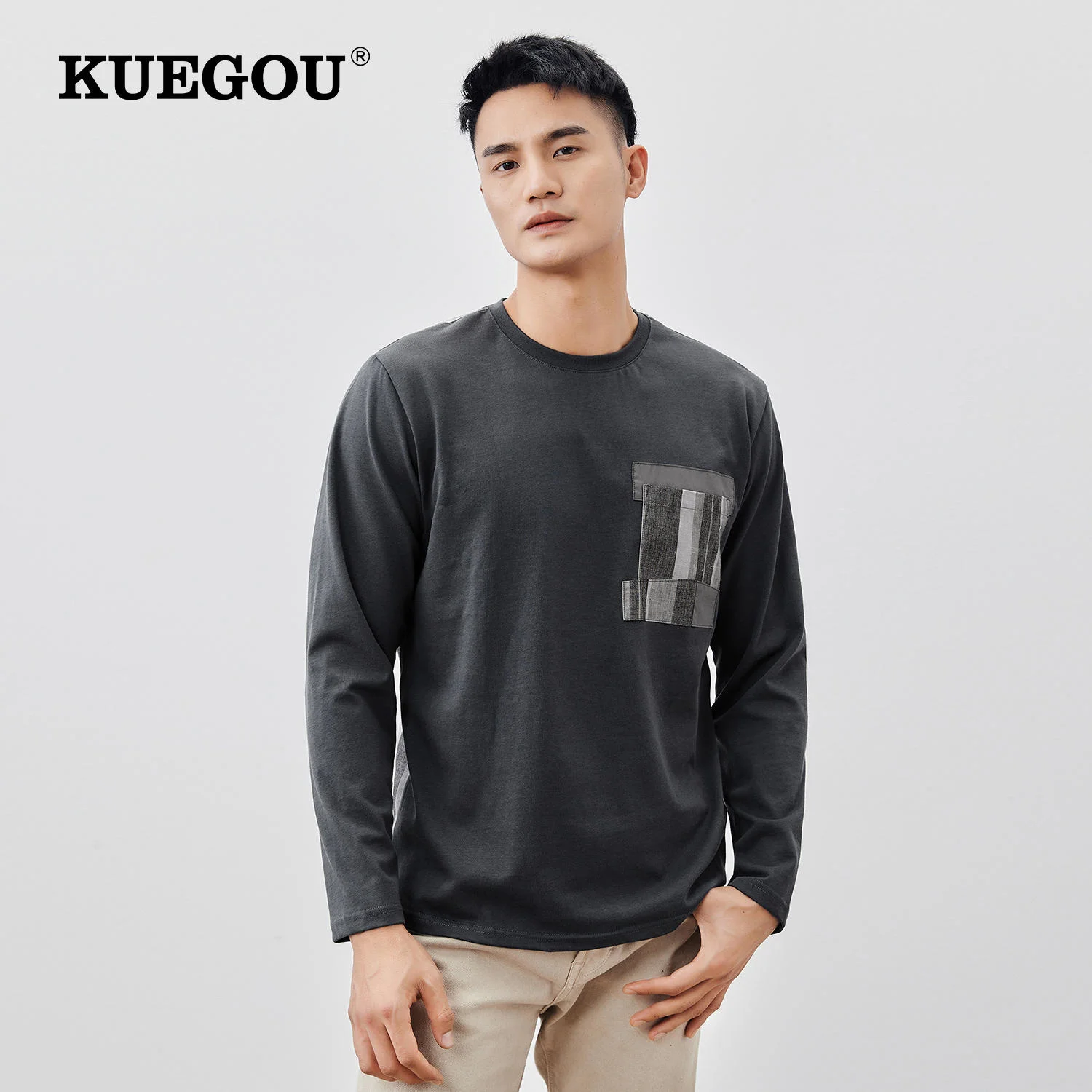 

KUEGOU 100 хлопковая Футболка с графикой для мужчин, винтажная Мужская футболка, топ с длинными рукавами, мужская мода, корейский 2022, новинка, 60088 ...