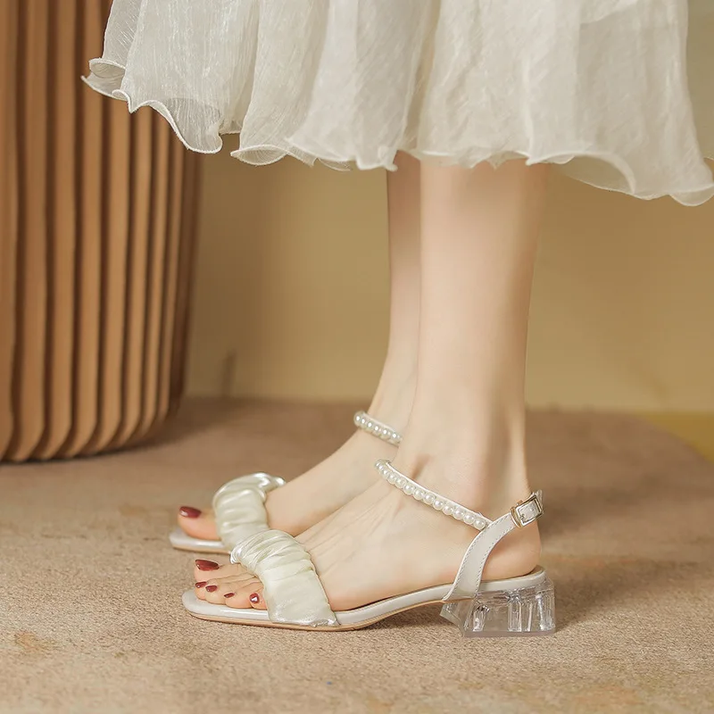 

Fairy Style Sandals Women's 2022 Summer New Pearl One-word Buckle Sandals Women's Folded Clouds Medium Thick Heel Sandals Women