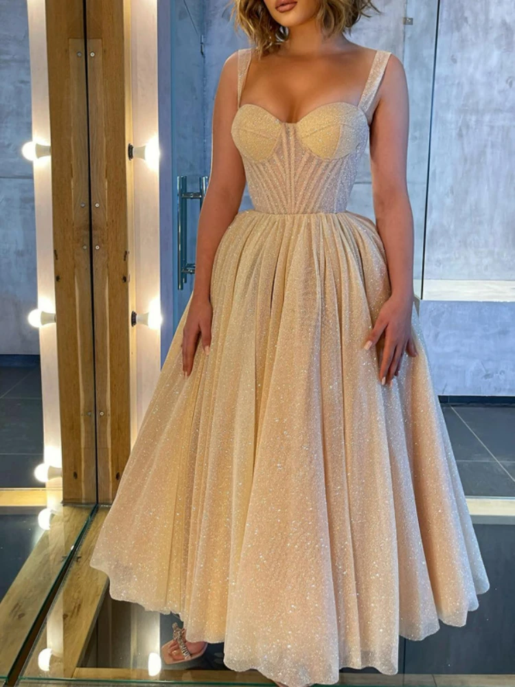 

Sexy Spaghetti Straps Evening Party Dresses Women Shinny Sequins Beading Tube Top Gowns 2022 Female Sleeveless A Line Tutu Dress