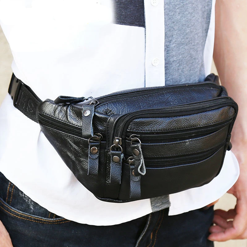 Real Genuine Leather Men's Waist Bag Belt Bag Male Zipper Fanny Pack for Site Workers Travel Phone Bag Large Capacity Waterproof