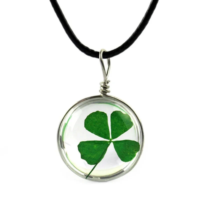 

Fashion Clover Necklace 45mm Natural Real Four Leaf Clover Necklace Transparent Glass Pendant Necklace