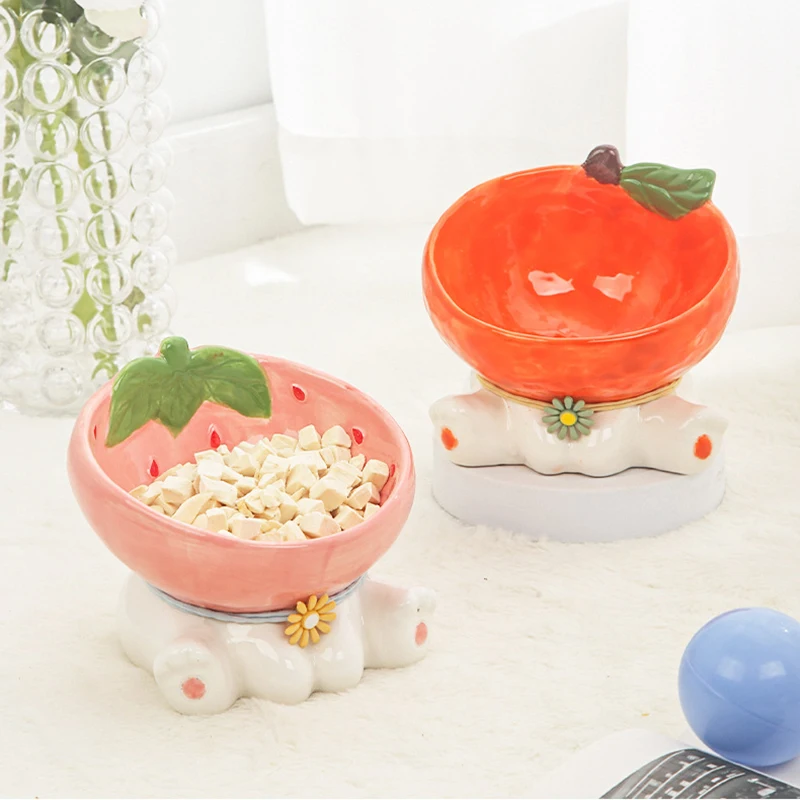 

Cat Fruit Ceramic Bowl Elevated Pet Food Water Bowls Raised Small Dogs Tilted Drinking Eating Feeders Puppy Cats Accessories