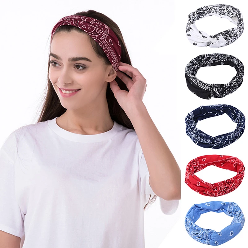 

Women Cashew Flower Wide Headband Elastic Twist Hairbands Cross Knotted Headpieces Yoga Sports Turban Head Wrap Hair Accessories