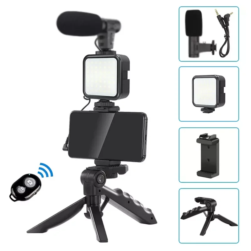 

Smartphone Video Kit Microphone Bracket Photography Lighting Phone Holder LED Selfie Tripod Recording Handle Portable Stabilizer