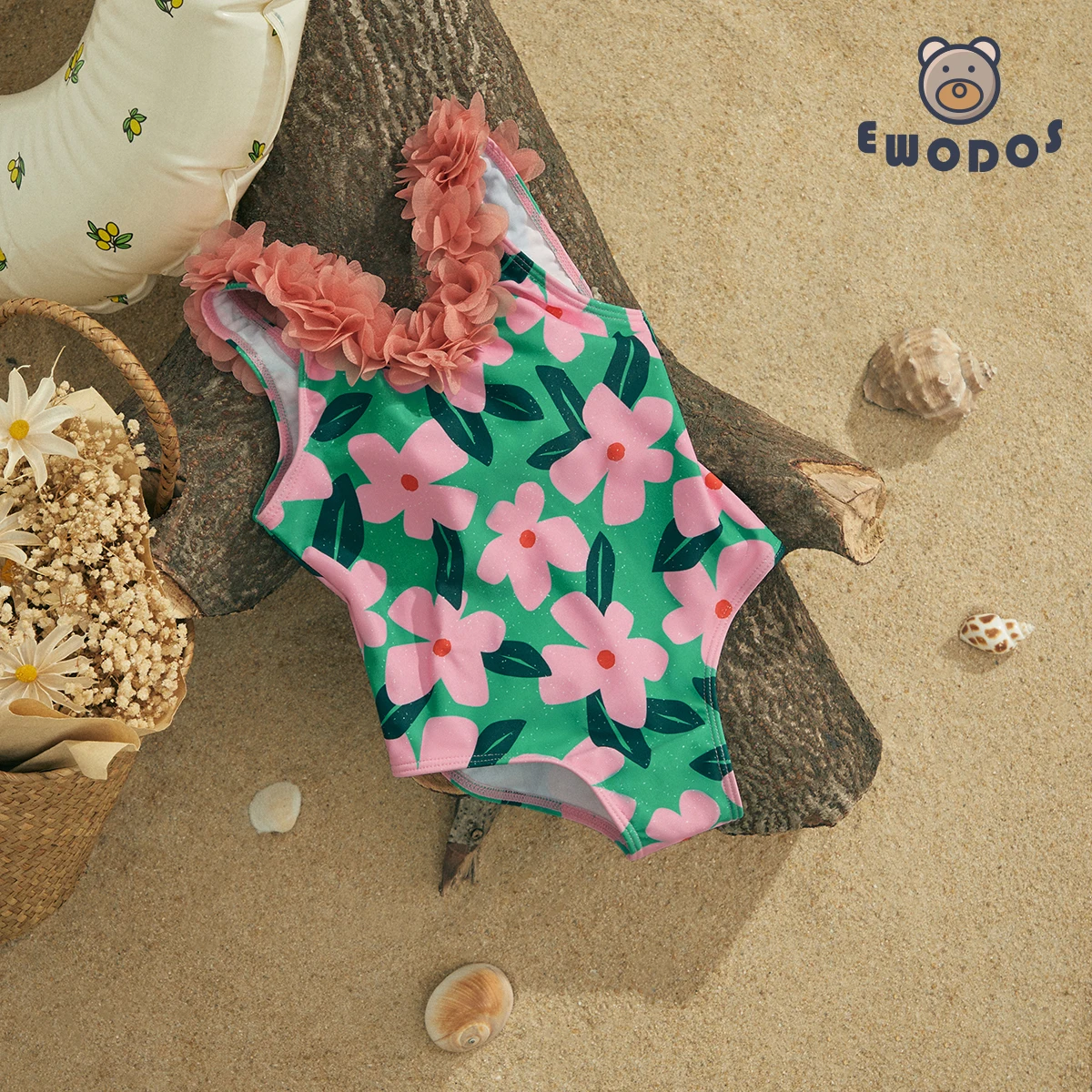 

EWODOS 1-5 Years Toddler Kid Girls Summer Lovely Floral Print Swimsuit Petals Decoration V Neck Flower Printed Monokini Swimwear