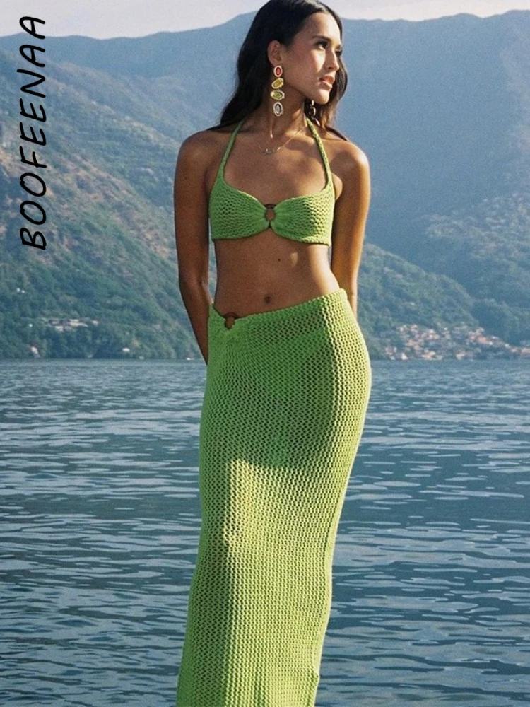 

Сексуальный летний пляжный костюм BOOFEENAA для отпуска, женская одежда, комплект из 2 предметов, кроше, короткий топ и длинная юбка, наряды