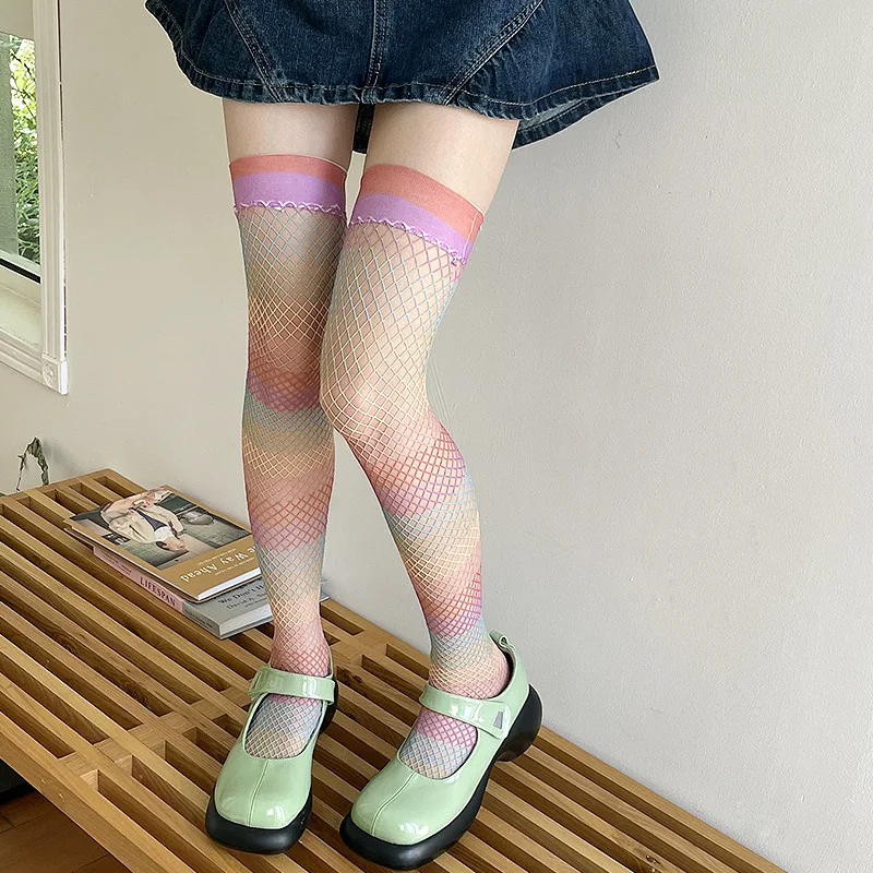 

Женские тонкие радужные цветные полосатые длинные носки выше колена ажурные носки чулки в сеточку эластичные летние пикантные сетчатые