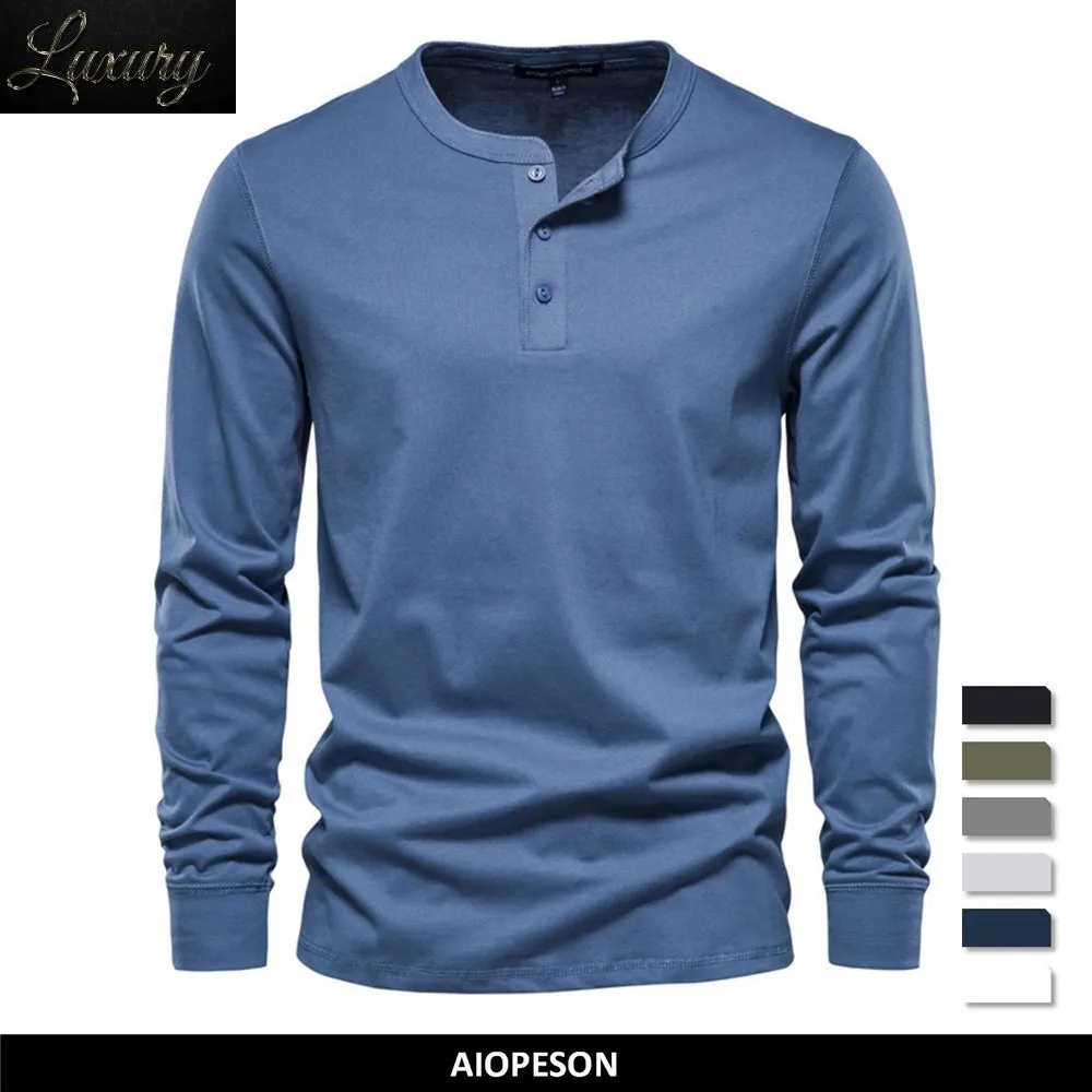 

Henley Collar T Shirt Men Casual Solid Color Long Sleeve for Autumn High Quality 100% Cotton s s