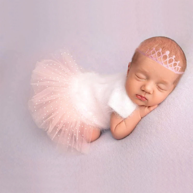 

2Pcs/Set Newborn Photography Outfits Baby Girl Double Layer Polka Dot Mesh Tutu Skirt with Sequins Crown Headband Princess Dress