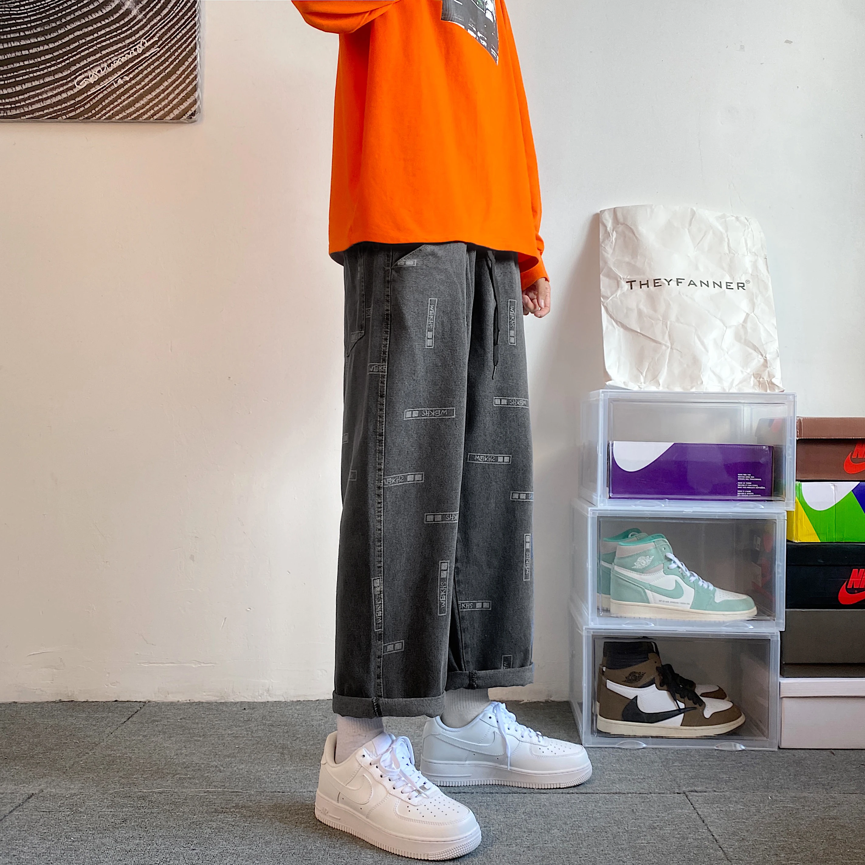 High Street Letter Print Straight Baggy Black Jeans For Men Casual Korean Fashion Denim Trousers Y2K Streetwear Clothings