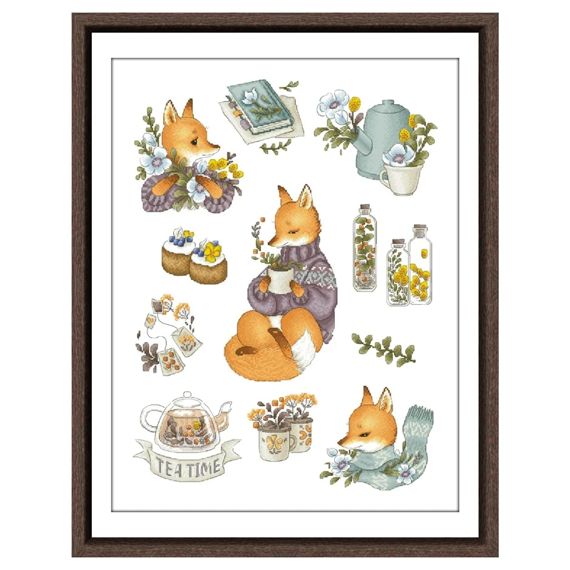 

Teatime cross stitch kits fox cartoon design 18ct 14ct 11ct unprint canvas stitching embroidery DIY wall decor