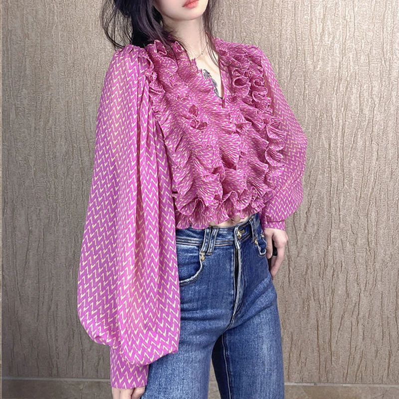 Женская модная блузка в полоску с оборками элегантная шикарная Милая шифоновая