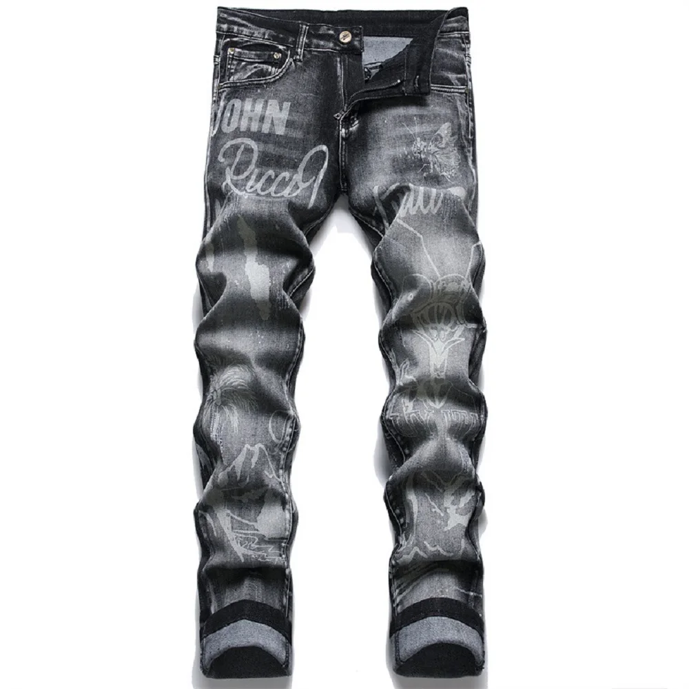 

Punk Men's Black Jeans Fashion New 2022 Autumn Printed Cotton Pants Street Pencil Pants Middle Waist Casual Men Trousers y2k