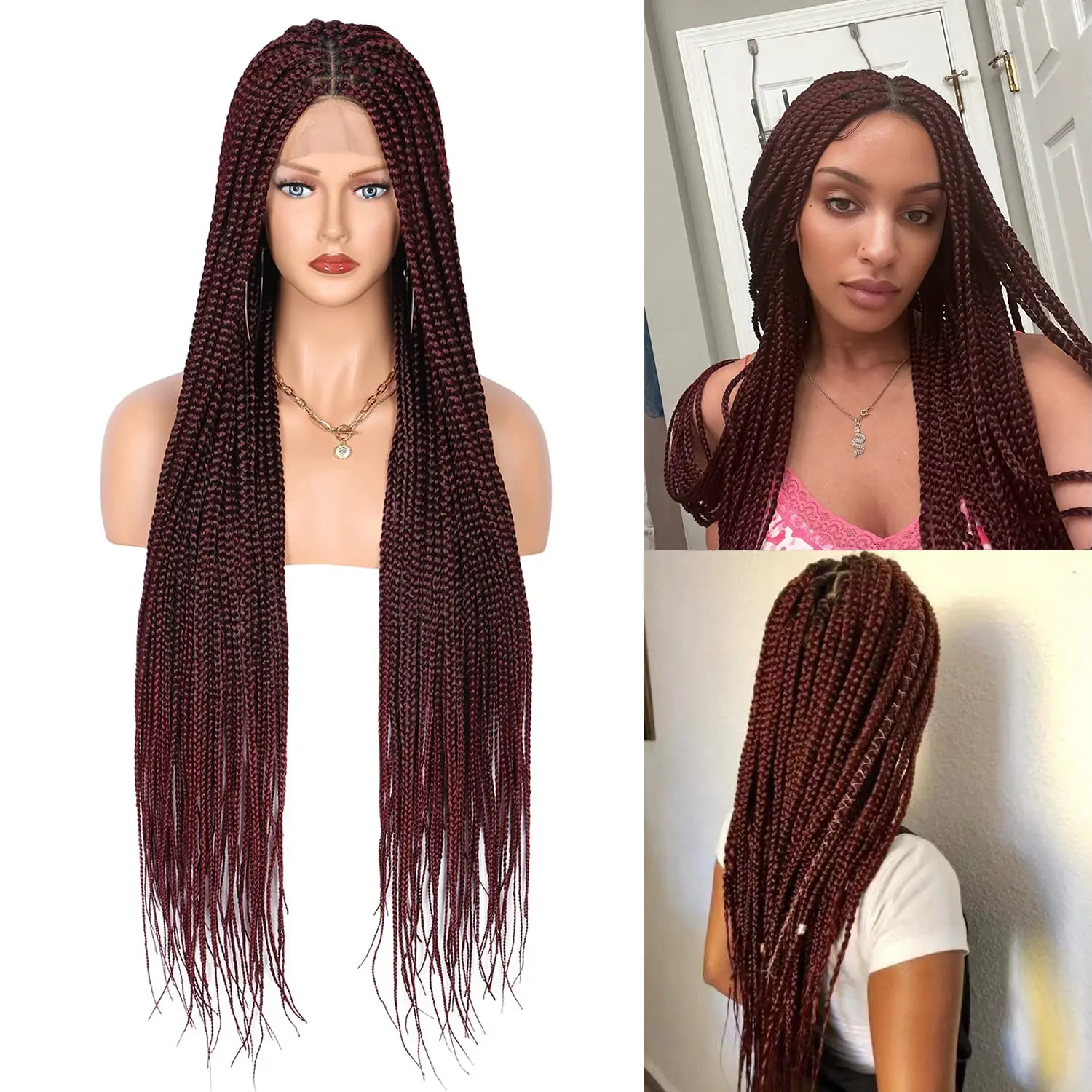 

Burgundy Glueless Soft Free Part 32 inch Long Braided Wig Synthetic Full Lace Wig With Baby Hair For Black Women Box Braid 99j