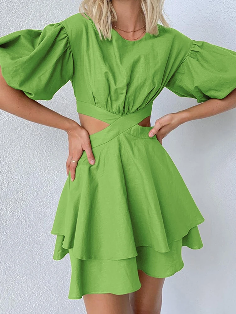 

Solid Cotton and Linen Mini Dress 2022 Summer Casual A-line Ruffle Off Shoulder Hollow Out Waist Layered Pleats Cake Dresses