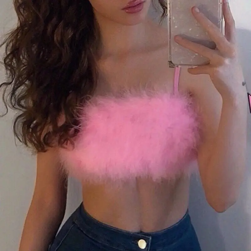 Womens Sexy Spaghetti Strap Feather Crop Top Sleeveless Solid Color Mini Camisole Fluffy Plush Night Party Clubwear Bralette Ves