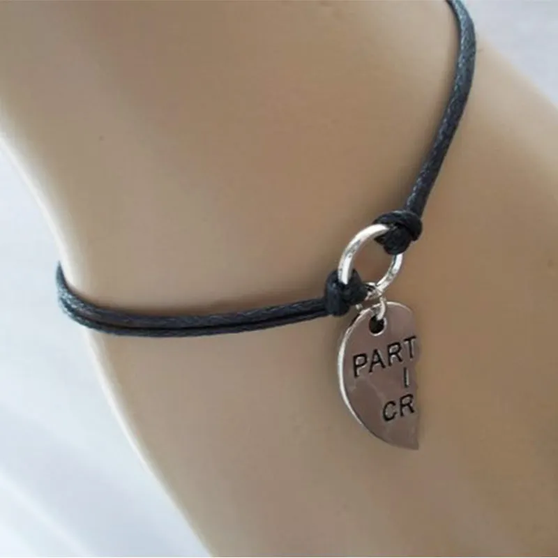 2Pcs/Set Partners in Crime Bracelet BFF Pendant Best Friend Gifts Black Cord Bracelet Couple Heart Bracelet