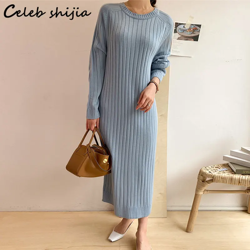 

Blue Knitted Dress for Women Wool 2023 Autumn Raglan Sleeve Long Knitwear Harajuku Style Loose Thicken Cashmere Jumper Winter