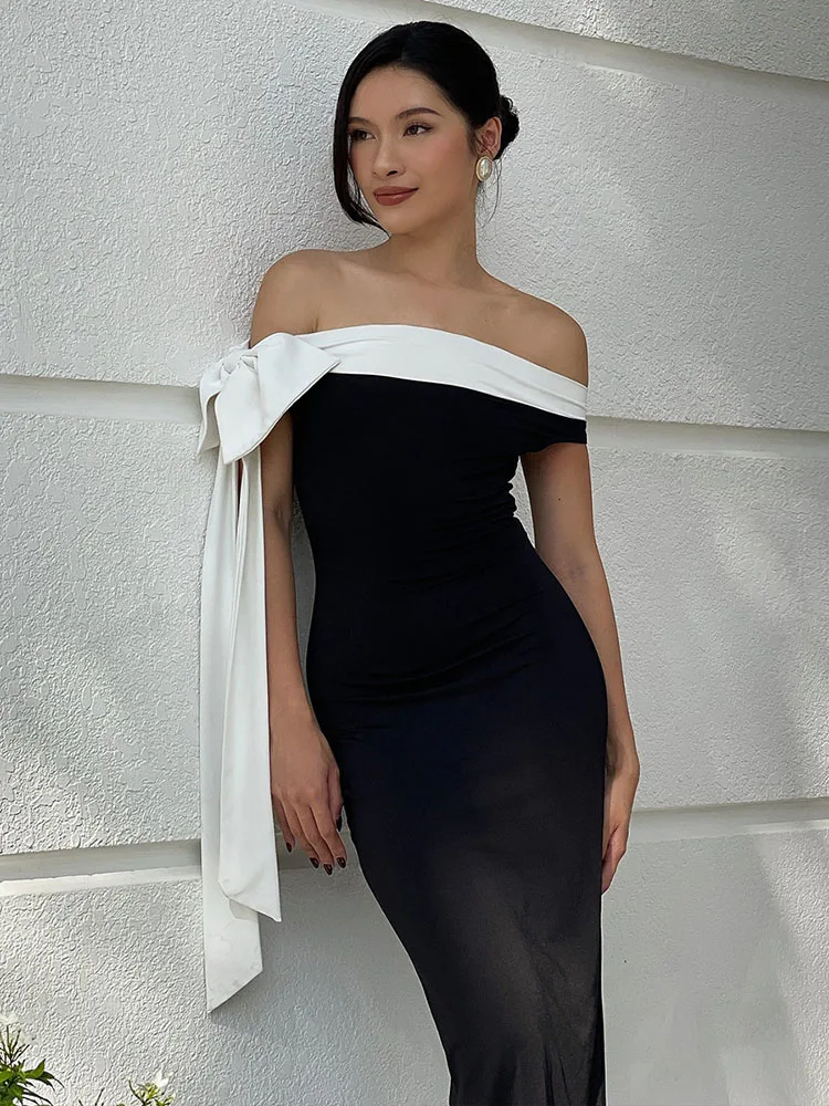 Элегантное длинное платье с открытыми плечами и галстуком-бабочкой для женщин 2022