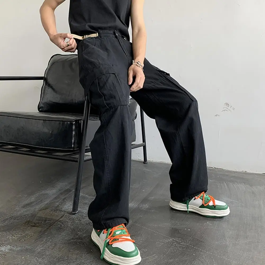 

Men Overalls Male Sports Pants Solid Color Vintage Mid Rise Cargo Pants Stylish Relaxed Fit Mid Waist Pants for Daily Wear