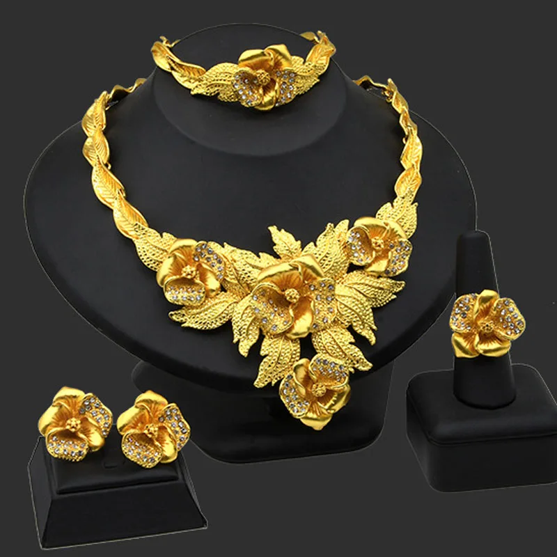 

Dudo Dubai Necklace Set 24K Gold Jewelry African Bridal Jewelry Set Saudi Women's Necklace Bracelet Earring Ring Set 4 Pieces