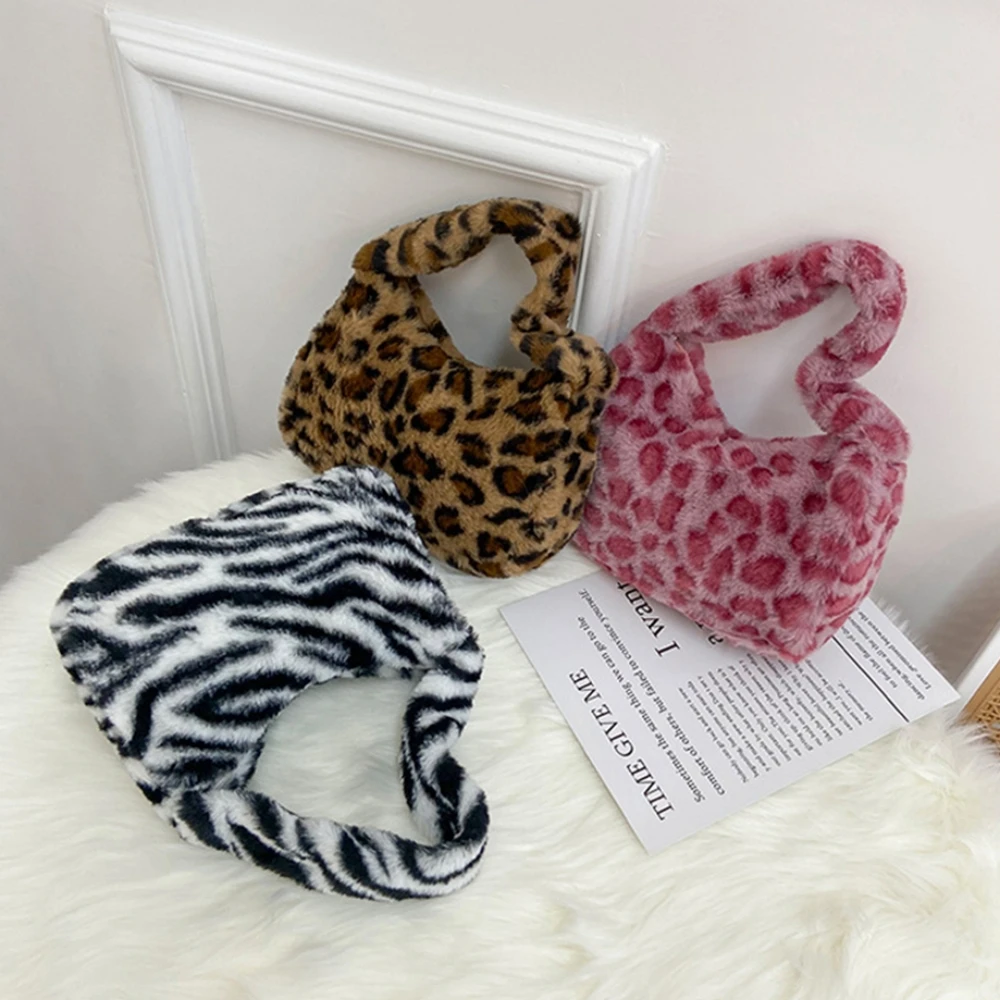 

2023 Модные женские мини-сумки на плечо с коровьим принтом, женские зимние плюшевые сумки под плечо, пушистые сумки-тоуты с леопардовым принто...