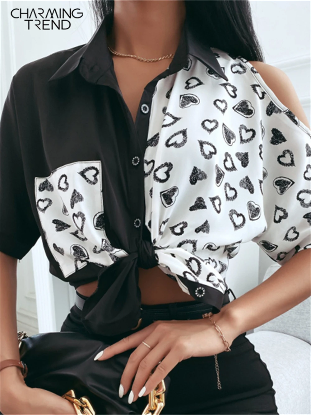 

Women Tops and Blouses Casual Print Pockets Patchwork Hollow Out Shirt Women Female Office Lady Blouse Women Mujer De Moda